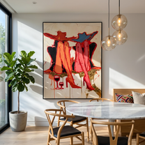 Red Coats Raise Glasses — Twin Red Cowgirl Toast Painting | Contemporary Western Vertical Wall Art – brown and red contemporary western western art, vertical hand-painted canvas art – view 6