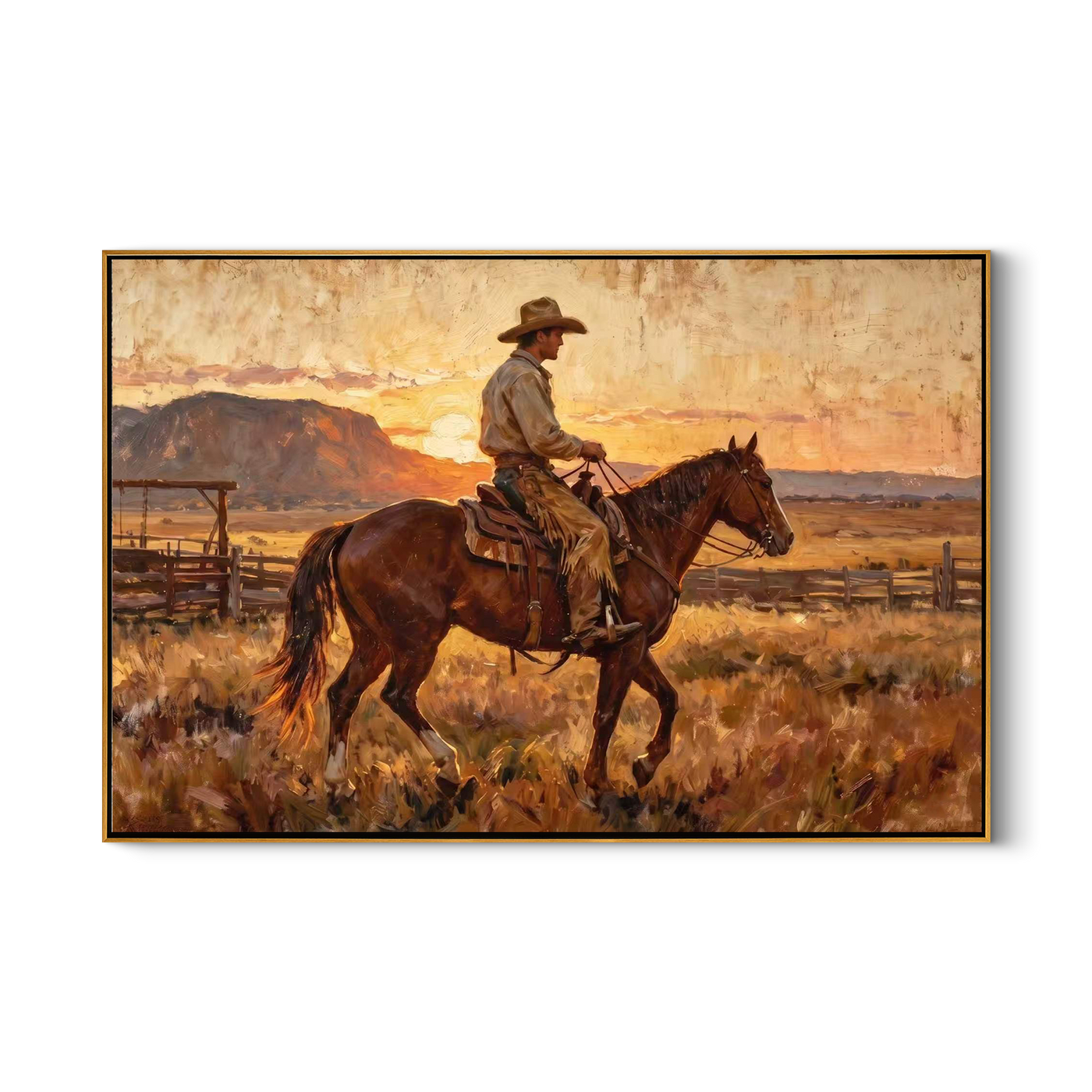 Last Light Follows Home — Sunset Horseback Cowboy Painting | Contemporary Western Horizontal Wall Art – brown and gold contemporary western western art, horizontal hand-painted canvas art – view 1