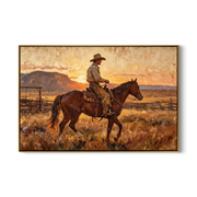 Last Light Follows Home — Sunset Horseback Cowboy Painting | Contemporary Western Horizontal Wall Art – brown and gold contemporary western western art, horizontal hand-painted canvas art – view 1
