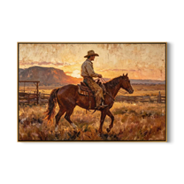 Last Light Follows Home — Sunset Horseback Cowboy Painting | Contemporary Western Horizontal Wall Art – brown and gold contemporary western western art, horizontal hand-painted canvas art – view 1