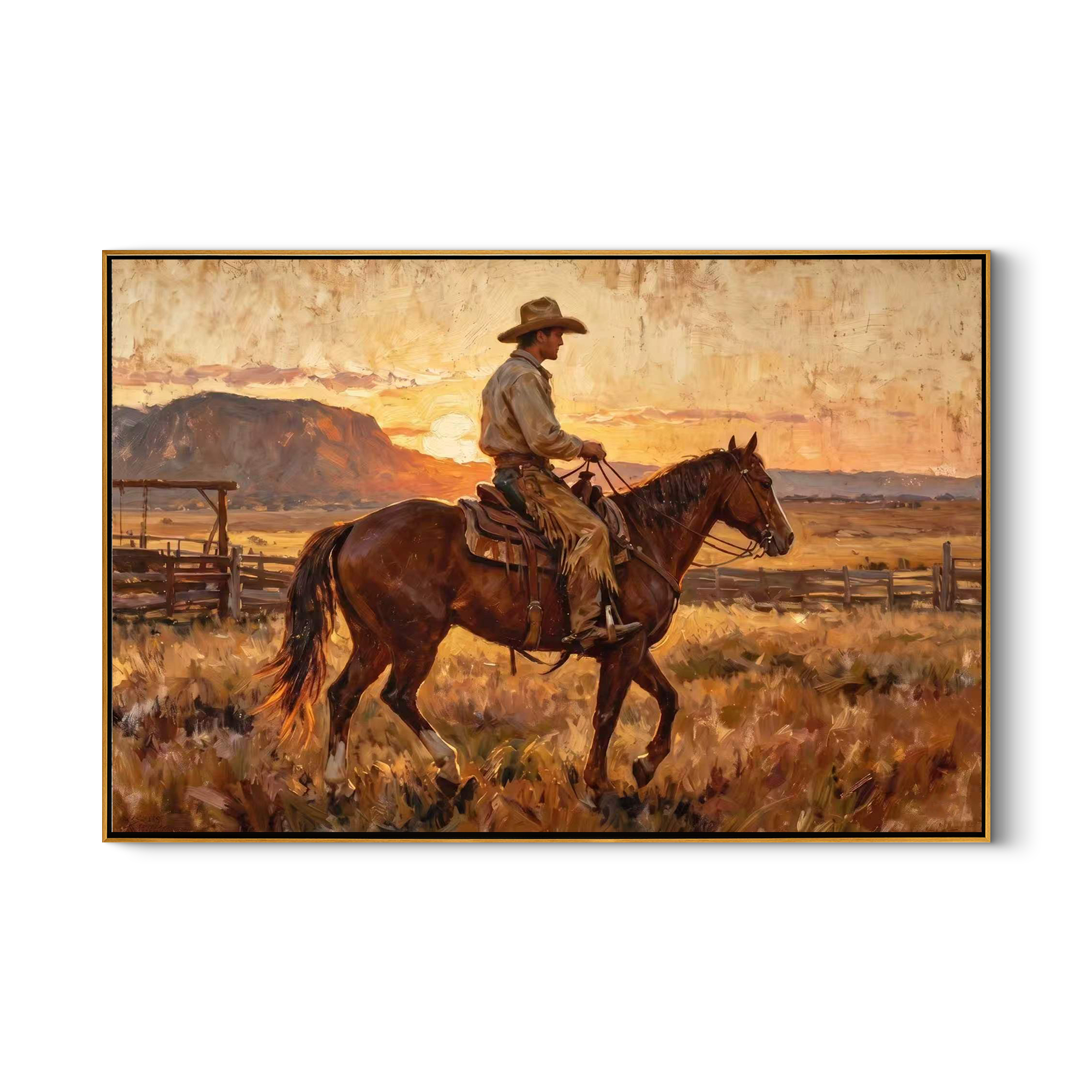 Last Light Follows Home — Sunset Horseback Cowboy Painting | Contemporary Western Horizontal Wall Art – brown and gold contemporary western western art, horizontal hand-painted canvas art – view 1