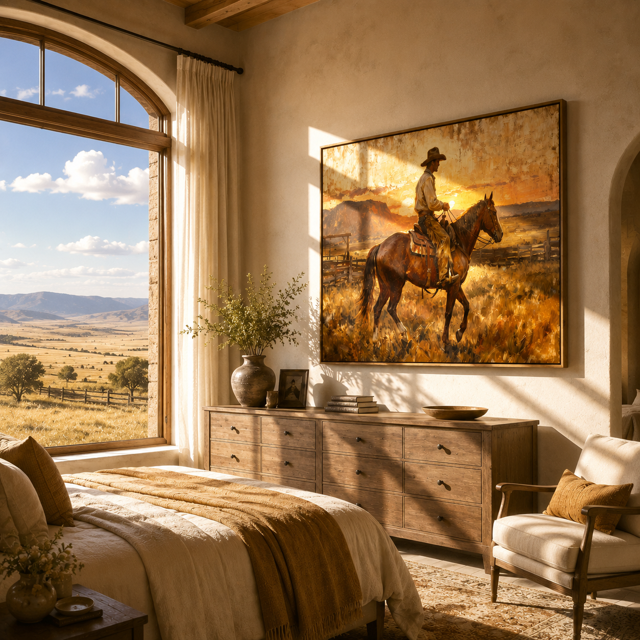 Last Light Follows Home — Sunset Horseback Cowboy Painting | Contemporary Western Horizontal Wall Art – brown and gold contemporary western western art, horizontal hand-painted canvas art – view 2