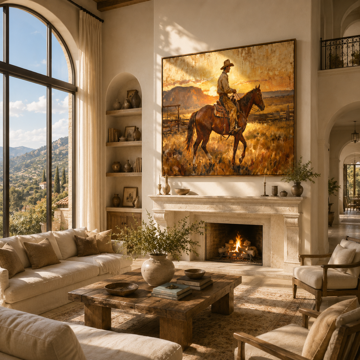 Last Light Follows Home — Sunset Horseback Cowboy Painting | Contemporary Western Horizontal Wall Art – brown and gold contemporary western western art, horizontal hand-painted canvas art – view 3