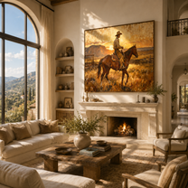 Last Light Follows Home — Sunset Horseback Cowboy Painting | Contemporary Western Horizontal Wall Art – brown and gold contemporary western western art, horizontal hand-painted canvas art – view 3