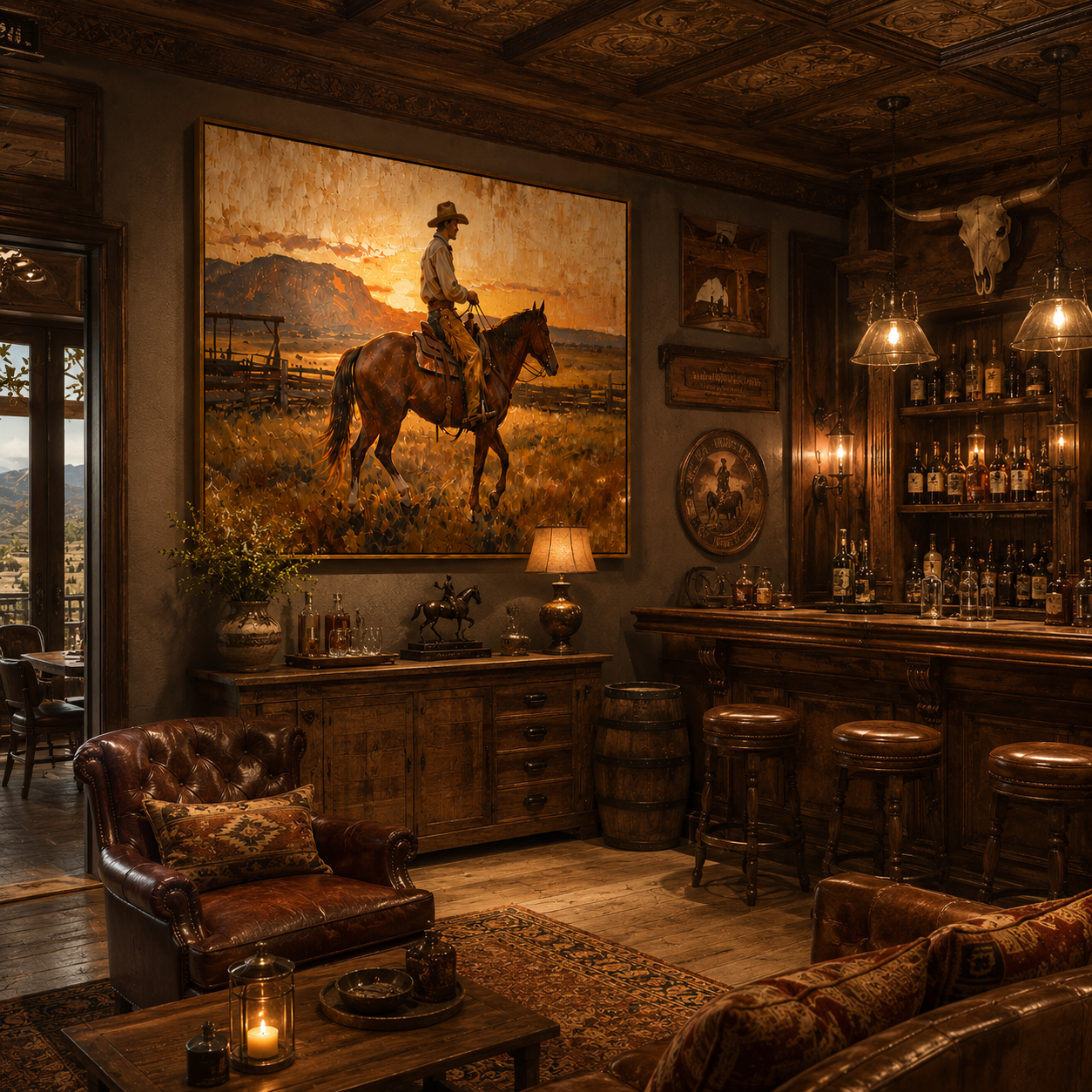 Last Light Follows Home — Sunset Horseback Cowboy Painting | Contemporary Western Horizontal Wall Art – brown and gold contemporary western western art, horizontal hand-painted canvas art – view 4