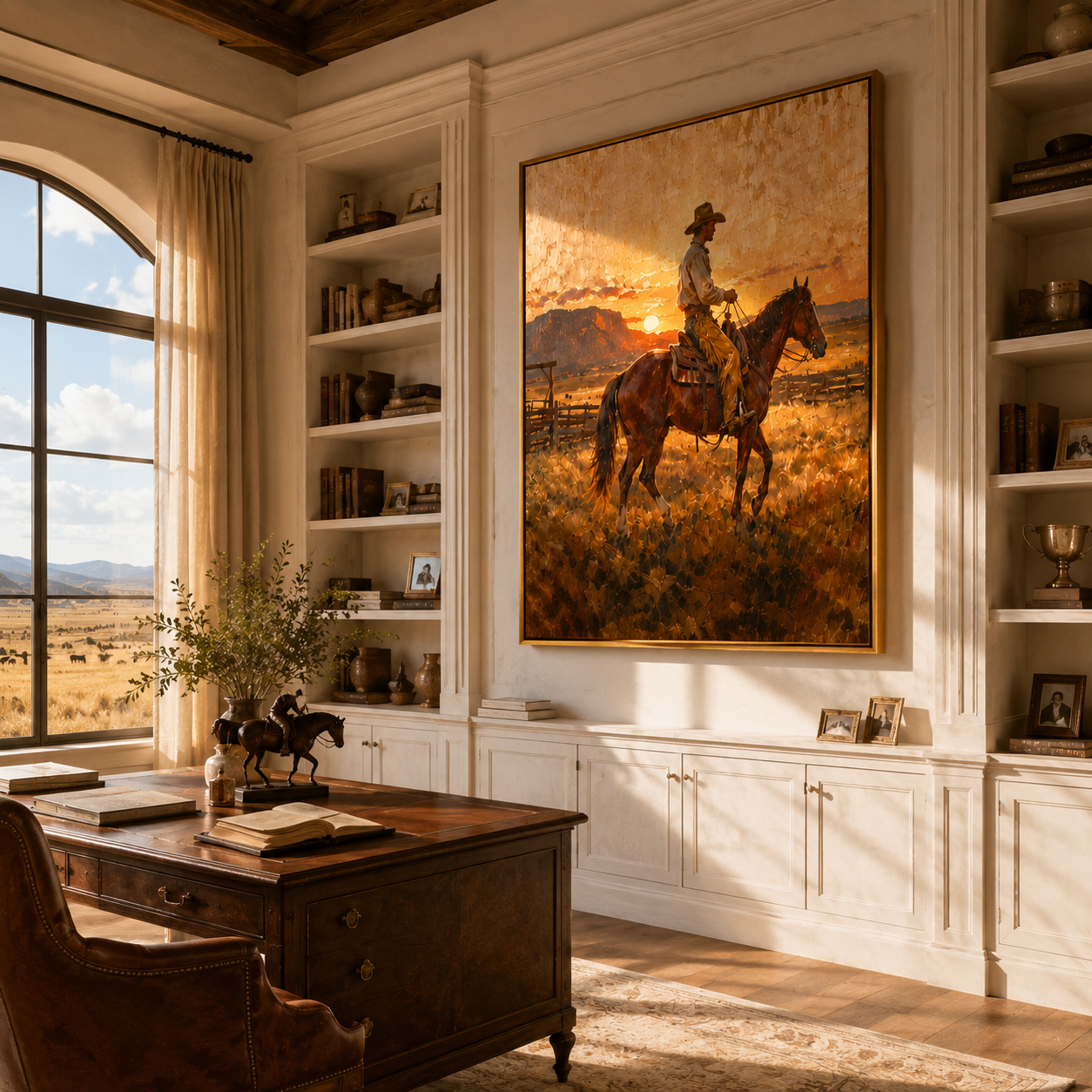 Last Light Follows Home — Sunset Horseback Cowboy Painting | Contemporary Western Horizontal Wall Art – brown and gold contemporary western western art, horizontal hand-painted canvas art – view 5