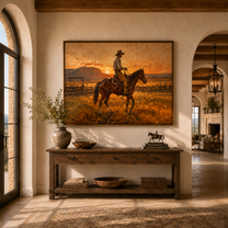Last Light Follows Home — Sunset Horseback Cowboy Painting | Contemporary Western Horizontal Wall Art – brown and gold contemporary western western art, horizontal hand-painted canvas art – view 6