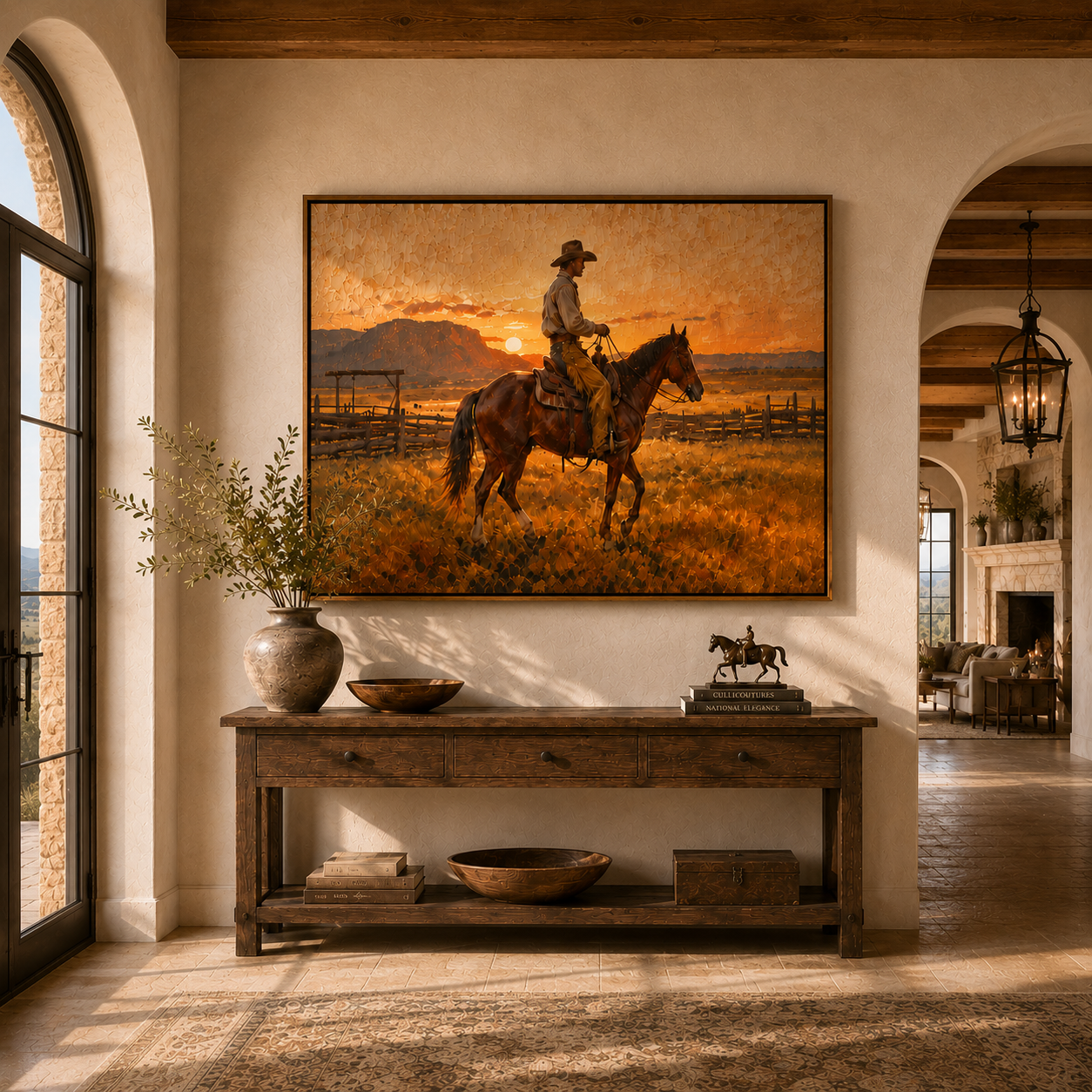 Last Light Follows Home — Sunset Horseback Cowboy Painting | Contemporary Western Horizontal Wall Art – brown and gold contemporary western western art, horizontal hand-painted canvas art – view 6