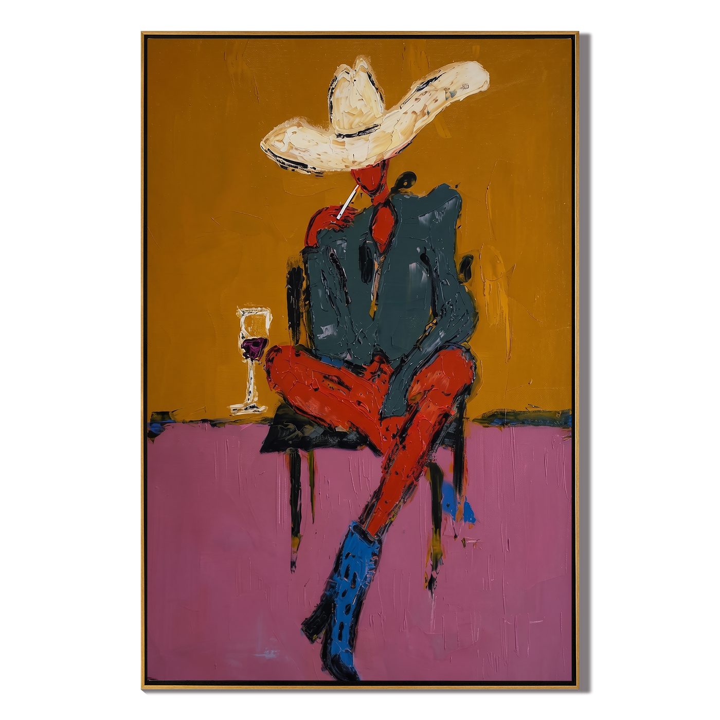 White Hat Drinks Alone — Seated Cowboy Cocktail Painting | Contemporary Western Vertical Wall Art – gold and pink and brown contemporary western western art, vertical hand-painted canvas art – view 1
