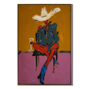 White Hat Drinks Alone — Seated Cowboy Cocktail Painting | Contemporary Western Vertical Wall Art – gold and pink and brown contemporary western western art, vertical hand-painted canvas art – view 1