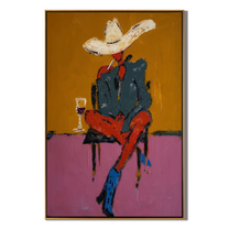 White Hat Drinks Alone — Seated Cowboy Cocktail Painting | Contemporary Western Vertical Wall Art – gold and pink and brown contemporary western western art, vertical hand-painted canvas art – view 1