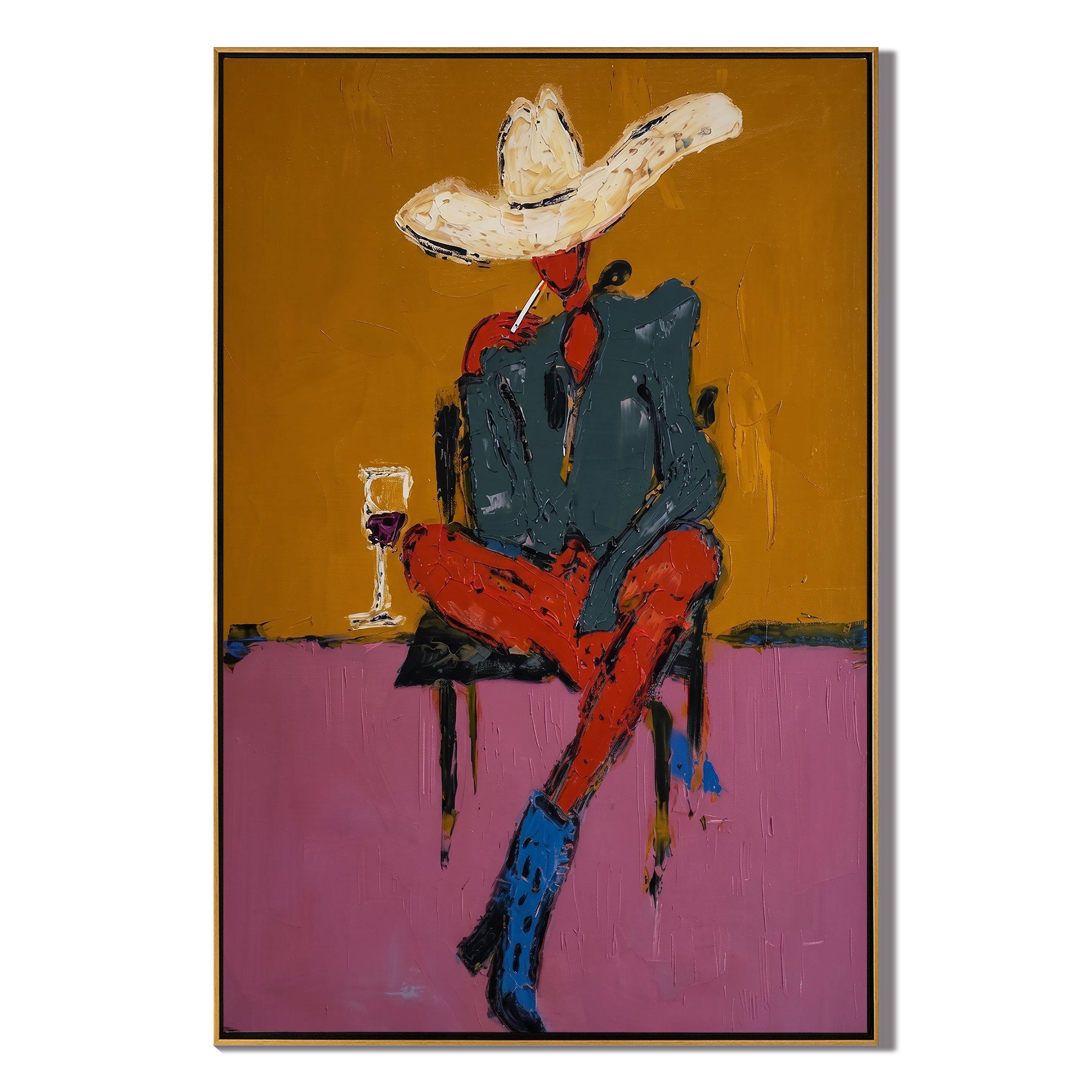 White Hat Drinks Alone — Seated Cowboy Cocktail Painting | Contemporary Western Vertical Wall Art – gold and pink and brown contemporary western western art, vertical hand-painted canvas art – view 1