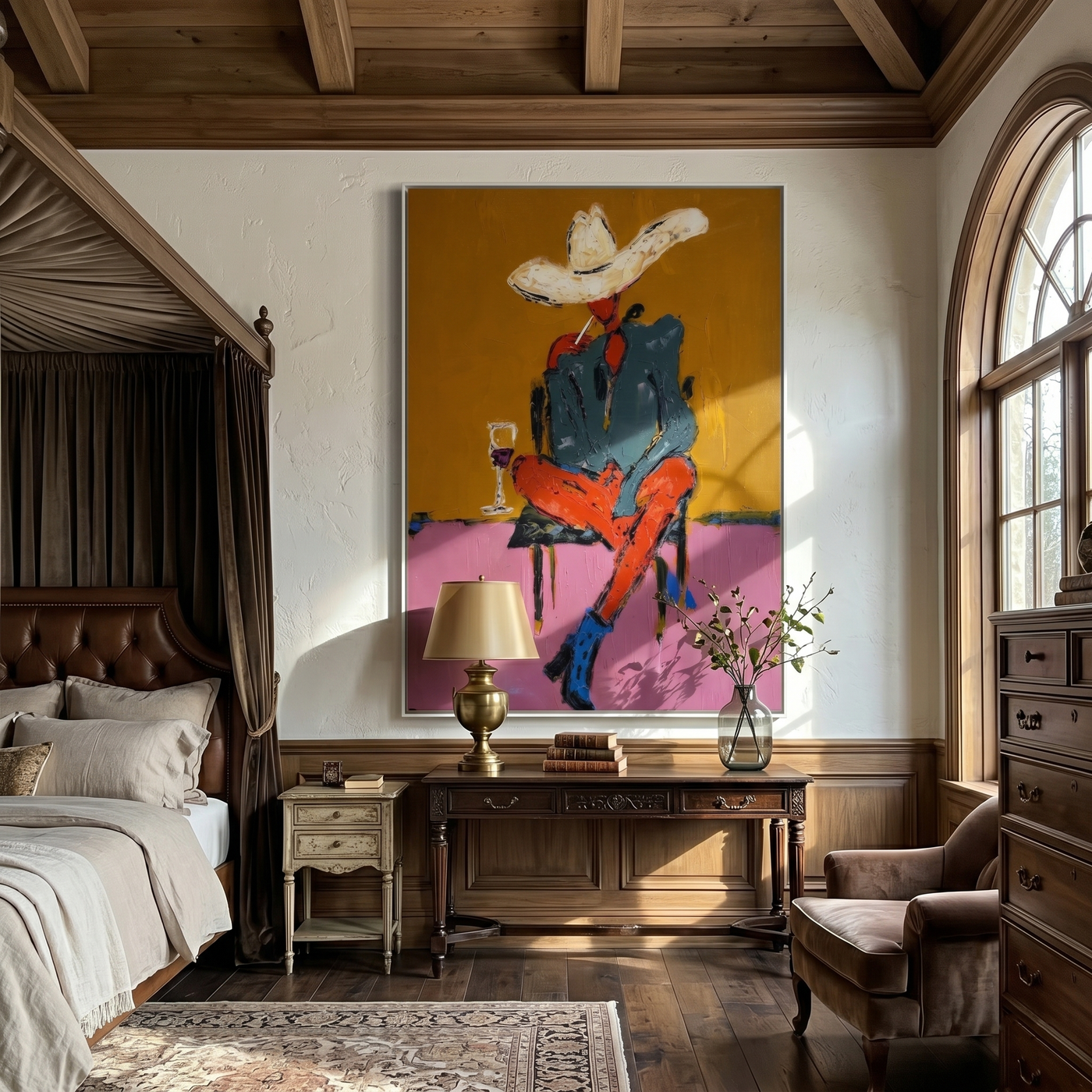 White Hat Drinks Alone — Seated Cowboy Cocktail Painting | Contemporary Western Vertical Wall Art – gold and pink and brown contemporary western western art, vertical hand-painted canvas art – view 2