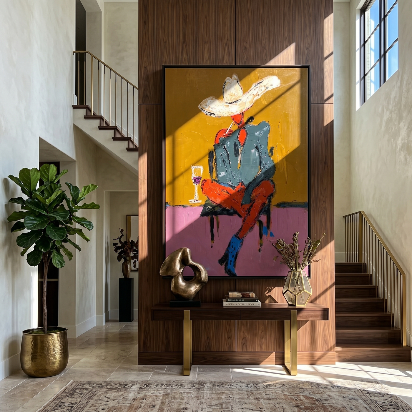 White Hat Drinks Alone — Seated Cowboy Cocktail Painting | Contemporary Western Vertical Wall Art – gold and pink and brown contemporary western western art, vertical hand-painted canvas art – view 3