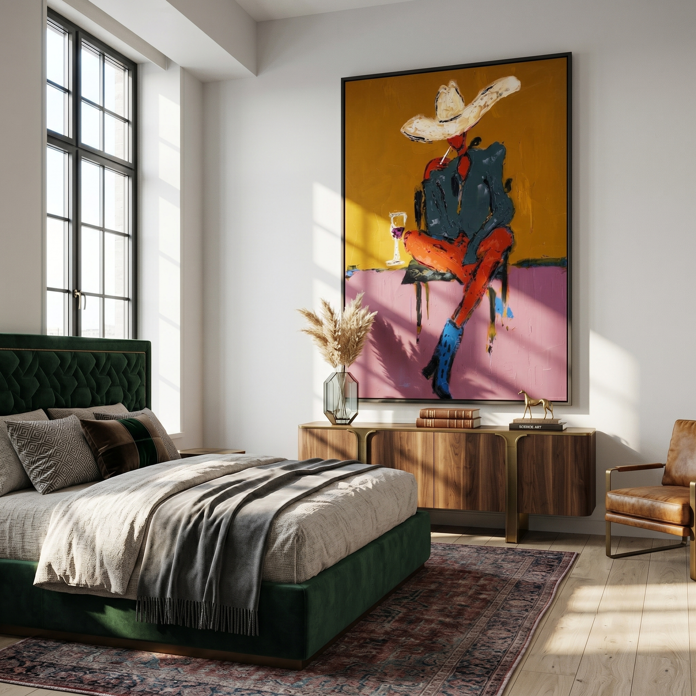 White Hat Drinks Alone — Seated Cowboy Cocktail Painting | Contemporary Western Vertical Wall Art – gold and pink and brown contemporary western western art, vertical hand-painted canvas art – view 4