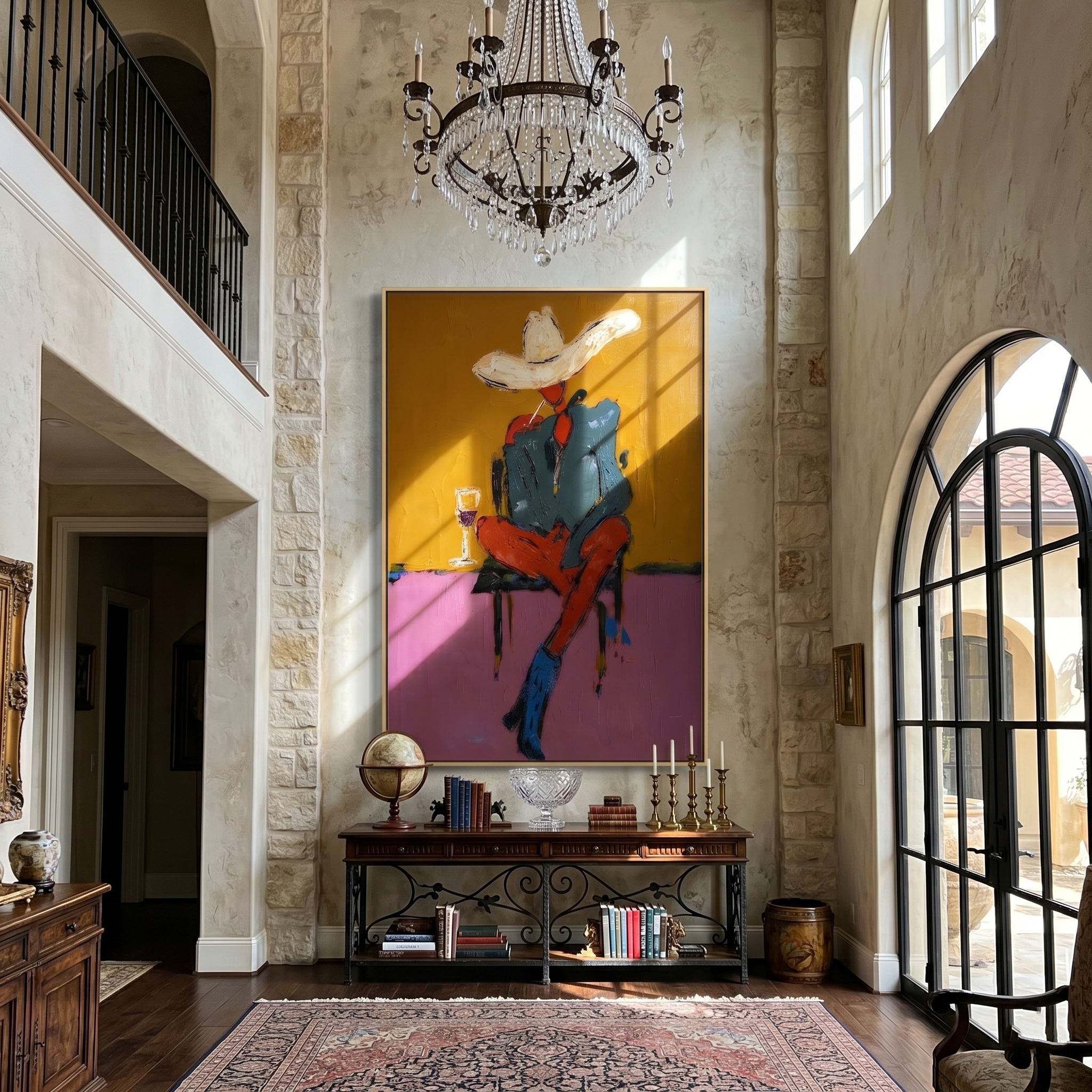 White Hat Drinks Alone — Seated Cowboy Cocktail Painting | Contemporary Western Vertical Wall Art – gold and pink and brown contemporary western western art, vertical hand-painted canvas art – view 5