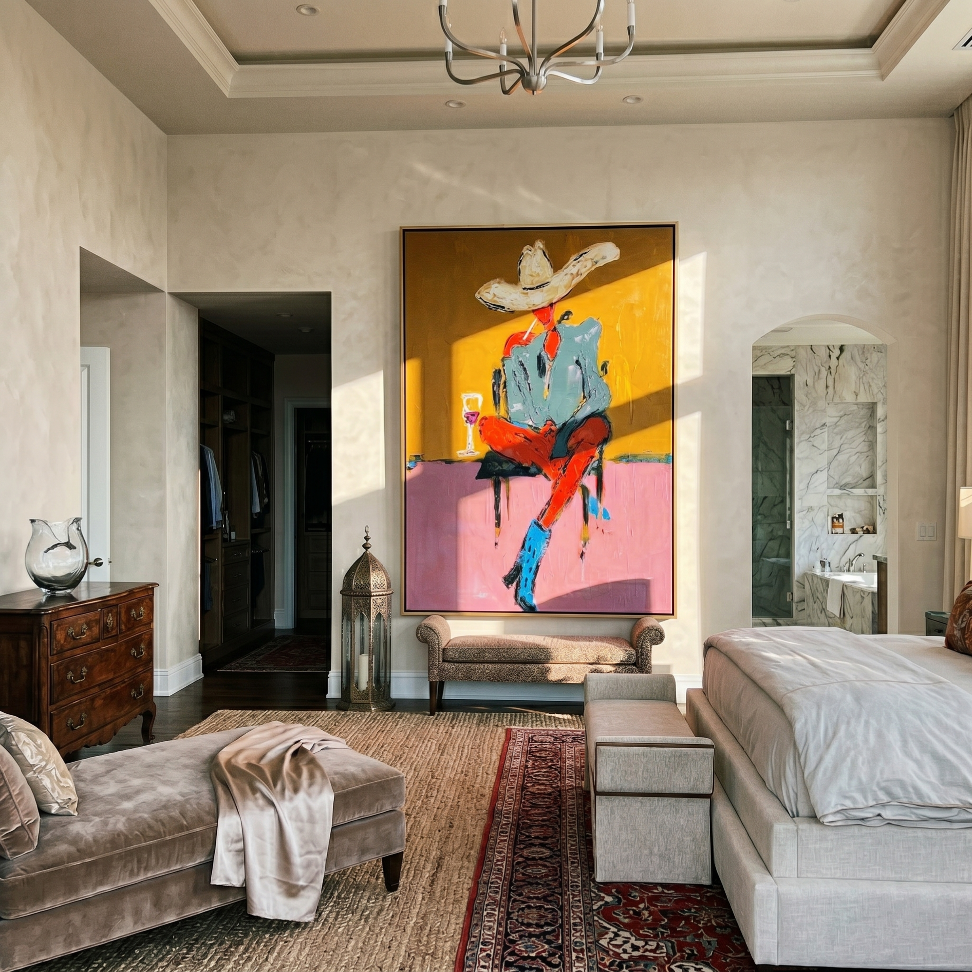 White Hat Drinks Alone — Seated Cowboy Cocktail Painting | Contemporary Western Vertical Wall Art – gold and pink and brown contemporary western western art, vertical hand-painted canvas art – view 6