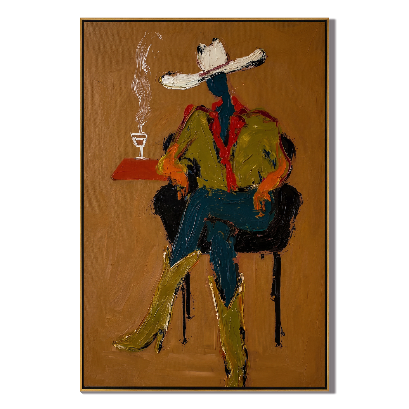 Smoke Rises Beside Waiting — Seated Cowboy with Smoke Painting | Contemporary Western Vertical Wall Art – brown and black contemporary western western art, vertical hand-painted canvas art – view 1