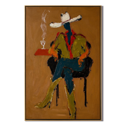 Smoke Rises Beside Waiting — Seated Cowboy with Smoke Painting | Contemporary Western Vertical Wall Art – brown and black contemporary western western art, vertical hand-painted canvas art – view 1