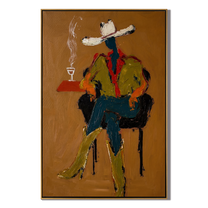 Smoke Rises Beside Waiting — Seated Cowboy with Smoke Painting | Contemporary Western Vertical Wall Art – brown and black contemporary western western art, vertical hand-painted canvas art – view 1