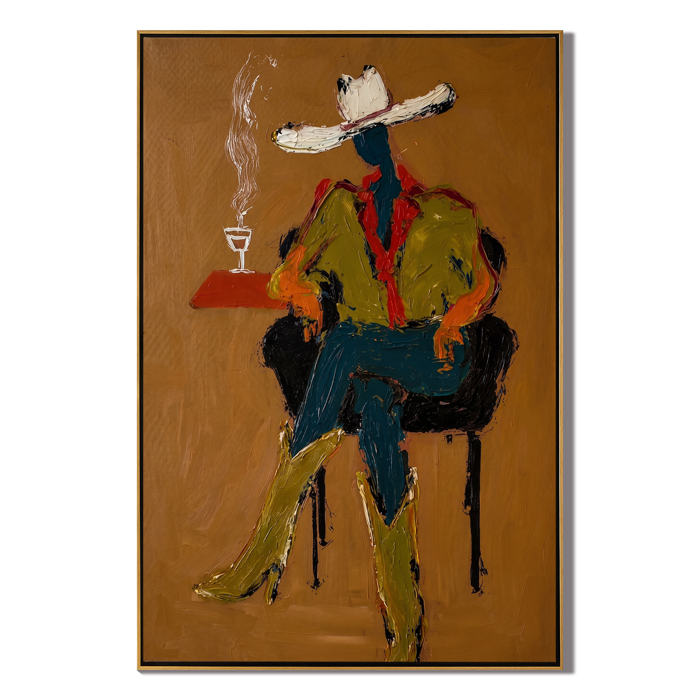 Smoke Rises Beside Waiting — Seated Cowboy with Smoke Painting | Contemporary Western Vertical Wall Art – brown and black contemporary western western art, vertical hand-painted canvas art – view 1