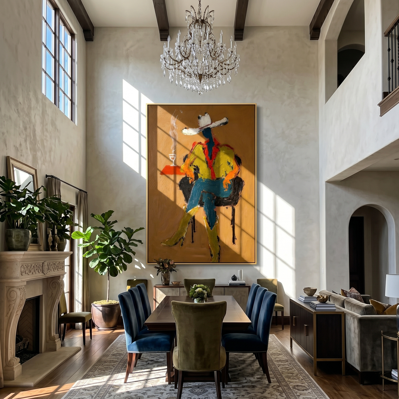 Smoke Rises Beside Waiting — Seated Cowboy with Smoke Painting | Contemporary Western Vertical Wall Art – brown and black contemporary western western art, vertical hand-painted canvas art – view 2