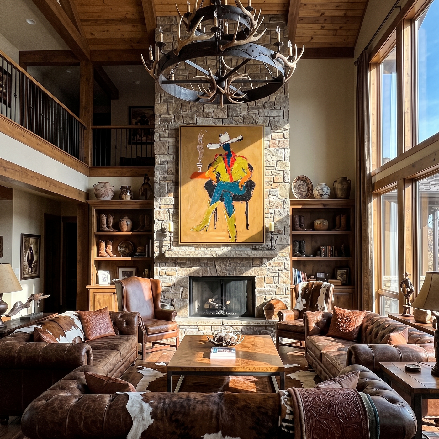 Smoke Rises Beside Waiting — Seated Cowboy with Smoke Painting | Contemporary Western Vertical Wall Art – brown and black contemporary western western art, vertical hand-painted canvas art – view 3
