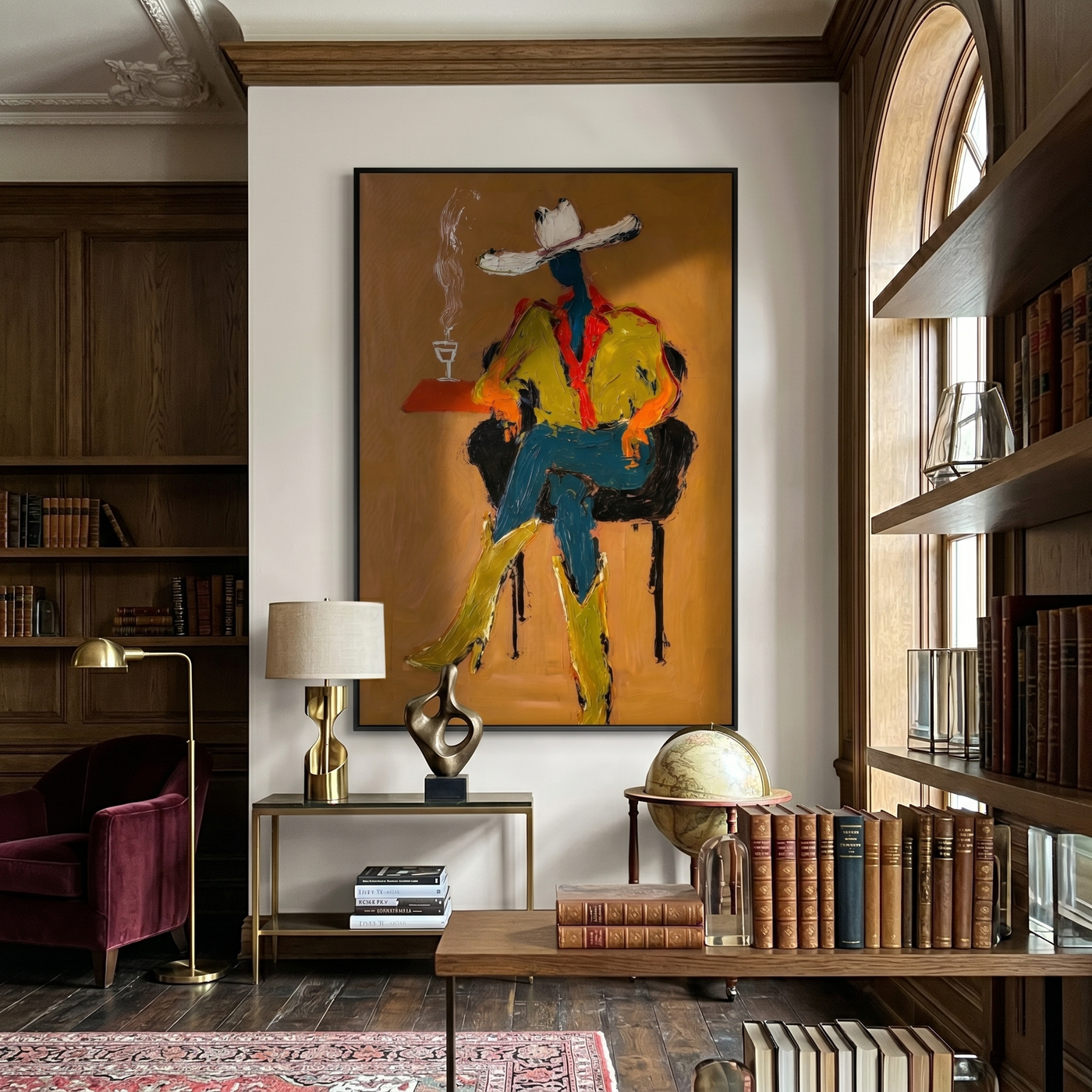 Smoke Rises Beside Waiting — Seated Cowboy with Smoke Painting | Contemporary Western Vertical Wall Art – brown and black contemporary western western art, vertical hand-painted canvas art – view 4