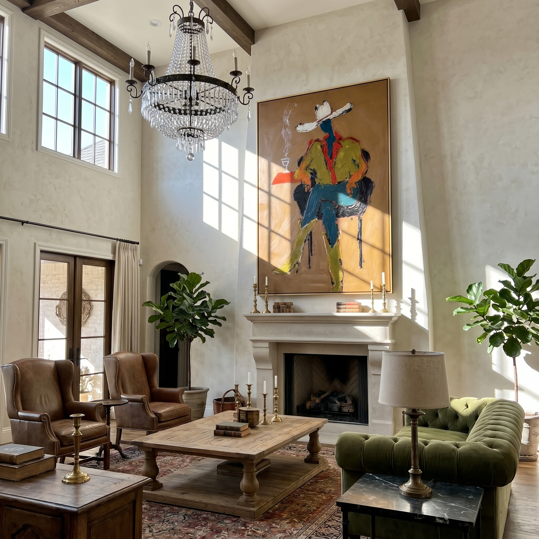 Smoke Rises Beside Waiting — Seated Cowboy with Smoke Painting | Contemporary Western Vertical Wall Art – brown and black contemporary western western art, vertical hand-painted canvas art – view 5