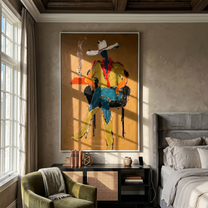 Smoke Rises Beside Waiting — Seated Cowboy with Smoke Painting | Contemporary Western Vertical Wall Art – brown and black contemporary western western art, vertical hand-painted canvas art – view 6