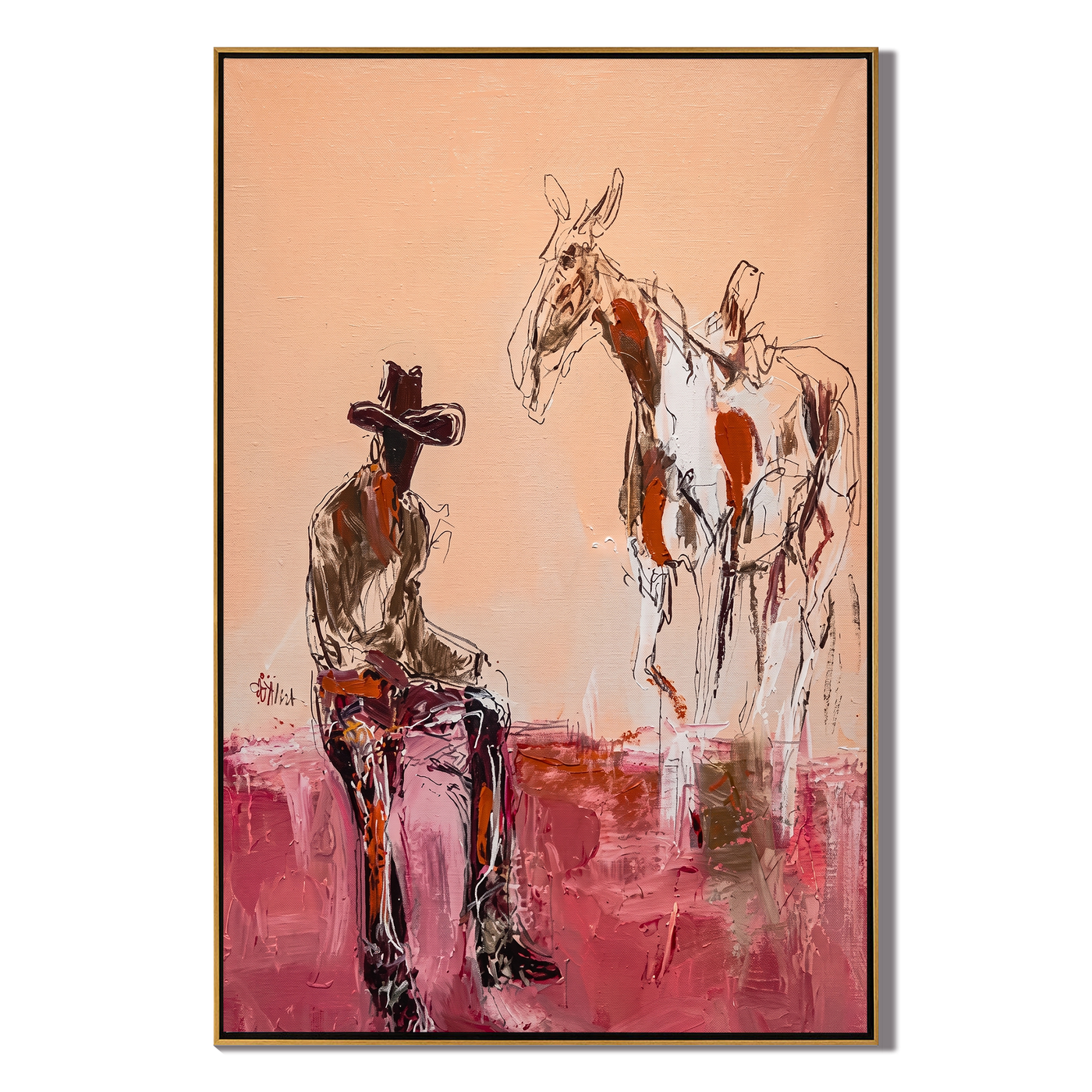 Horse Listens Above Pink — Cowboy with Two Horses Painting | Contemporary Western Vertical Wall Art – brown and red contemporary western western art, vertical hand-painted canvas art – view 1