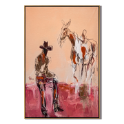 Horse Listens Above Pink — Cowboy with Two Horses Painting | Contemporary Western Vertical Wall Art – brown and red contemporary western western art, vertical hand-painted canvas art – view 1