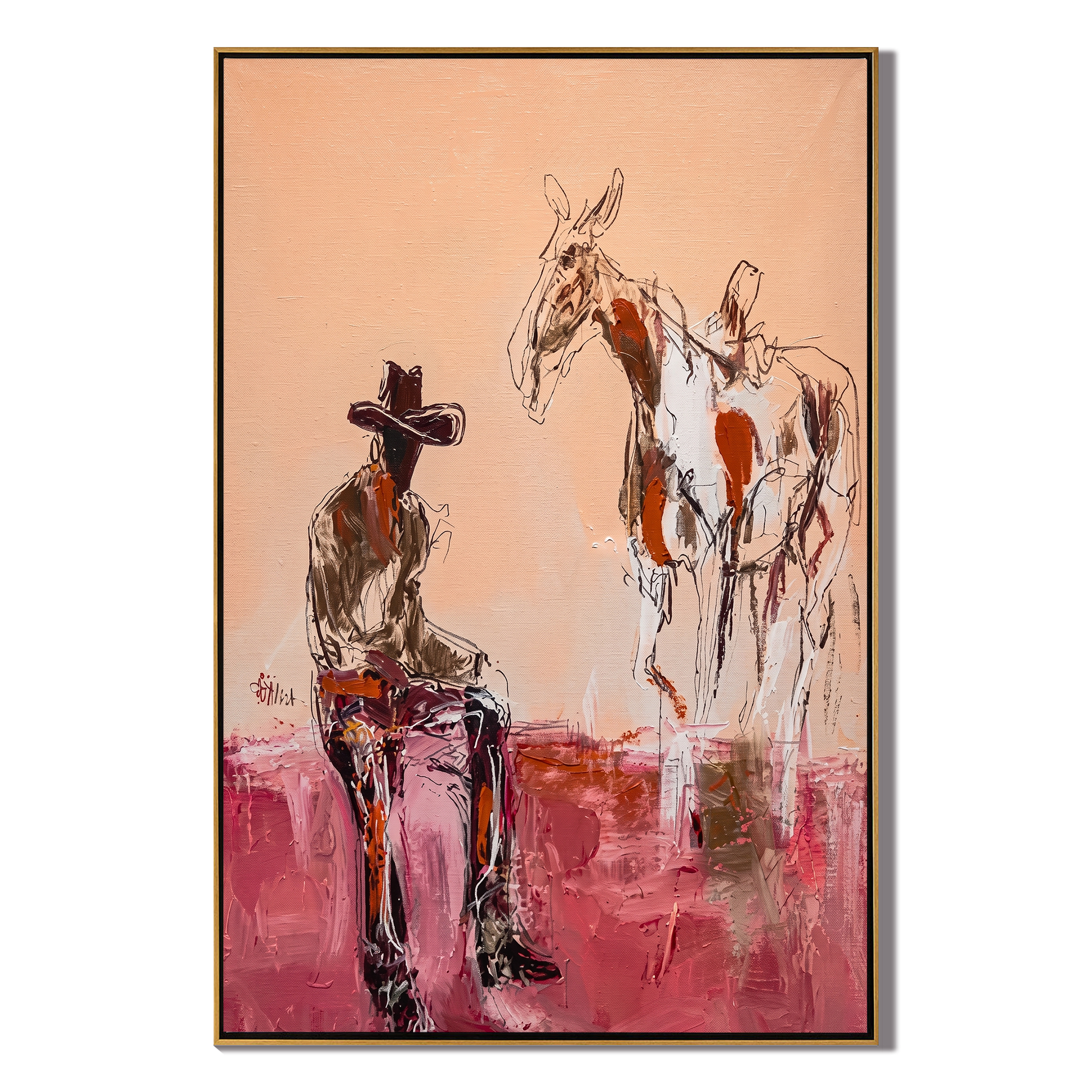 Horse Listens Above Pink — Cowboy with Two Horses Painting | Contemporary Western Vertical Wall Art – brown and red contemporary western western art, vertical hand-painted canvas art – view 1