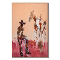 Horse Listens Above Pink — Cowboy with Two Horses Painting | Contemporary Western Vertical Wall Art – brown and red contemporary western western art, vertical hand-painted canvas art – view 1