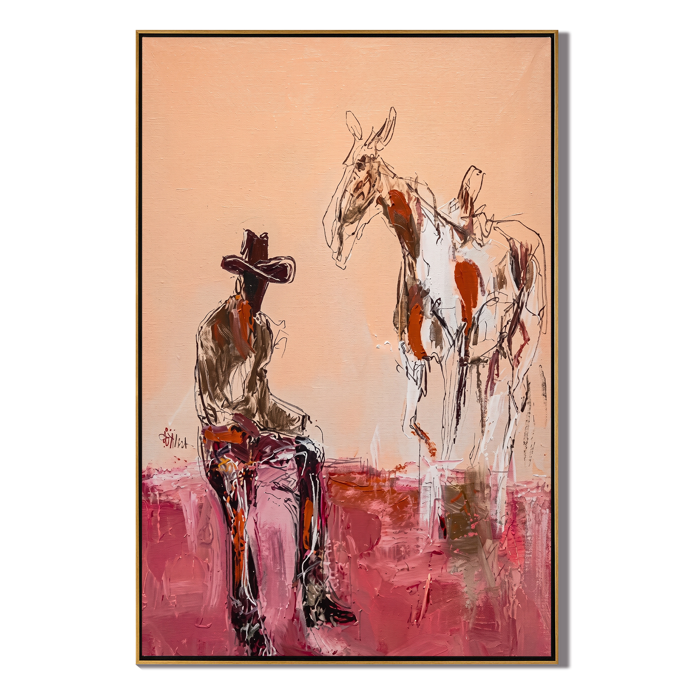 Horse Listens Above Pink — Cowboy with Two Horses Painting | Contemporary Western Vertical Wall Art – brown and red contemporary western western art, vertical hand-painted canvas art – view 1