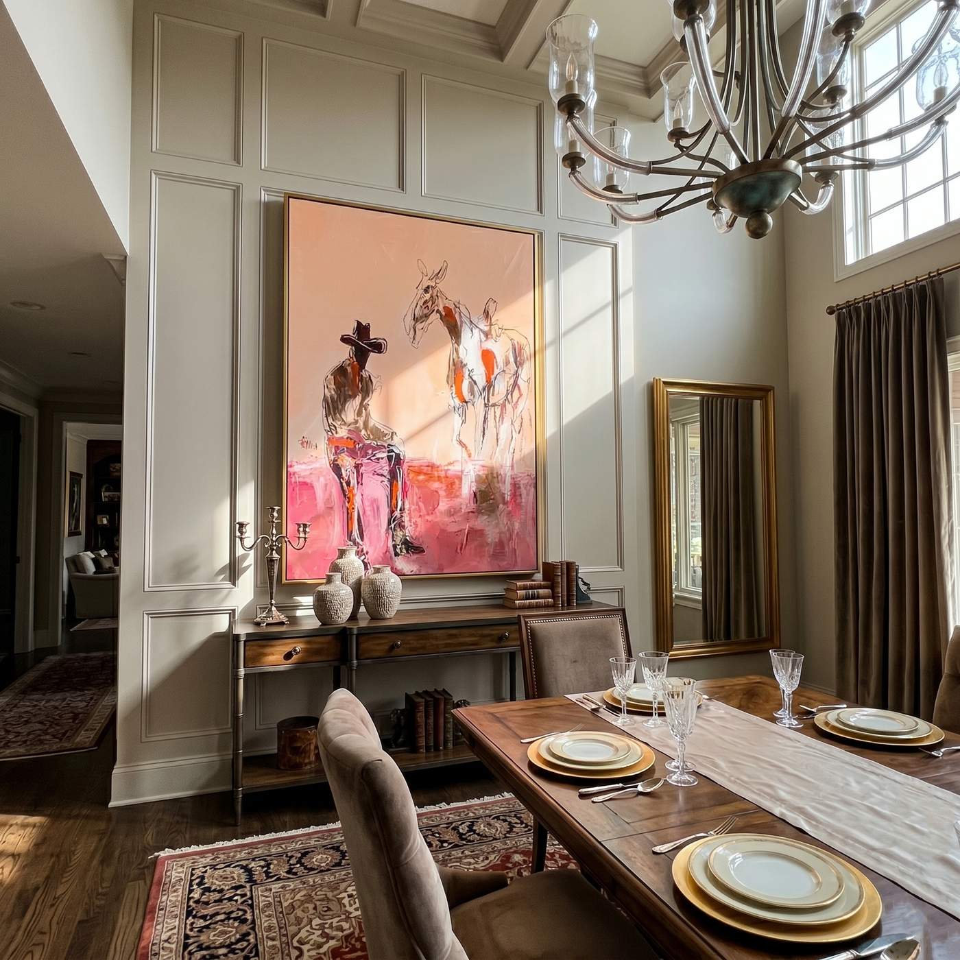 Horse Listens Above Pink — Cowboy with Two Horses Painting | Contemporary Western Vertical Wall Art – brown and red contemporary western western art, vertical hand-painted canvas art – view 2
