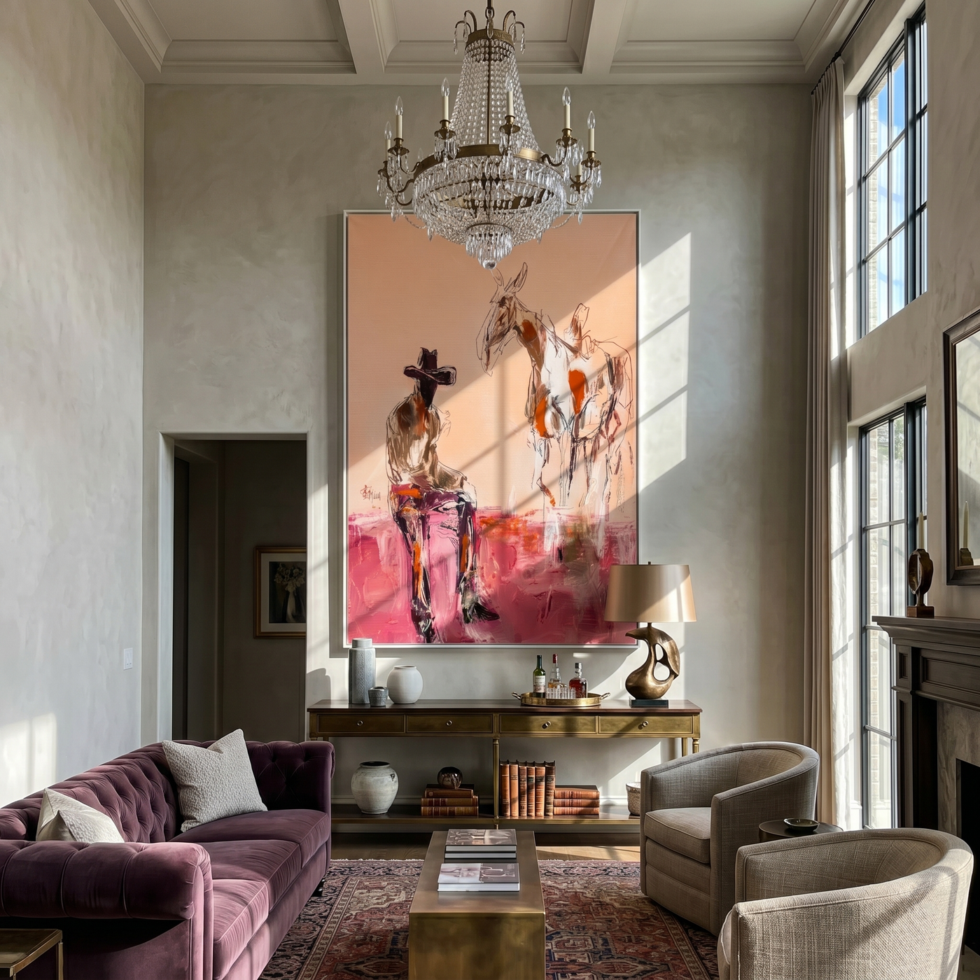Horse Listens Above Pink — Cowboy with Two Horses Painting | Contemporary Western Vertical Wall Art – brown and red contemporary western western art, vertical hand-painted canvas art – view 3
