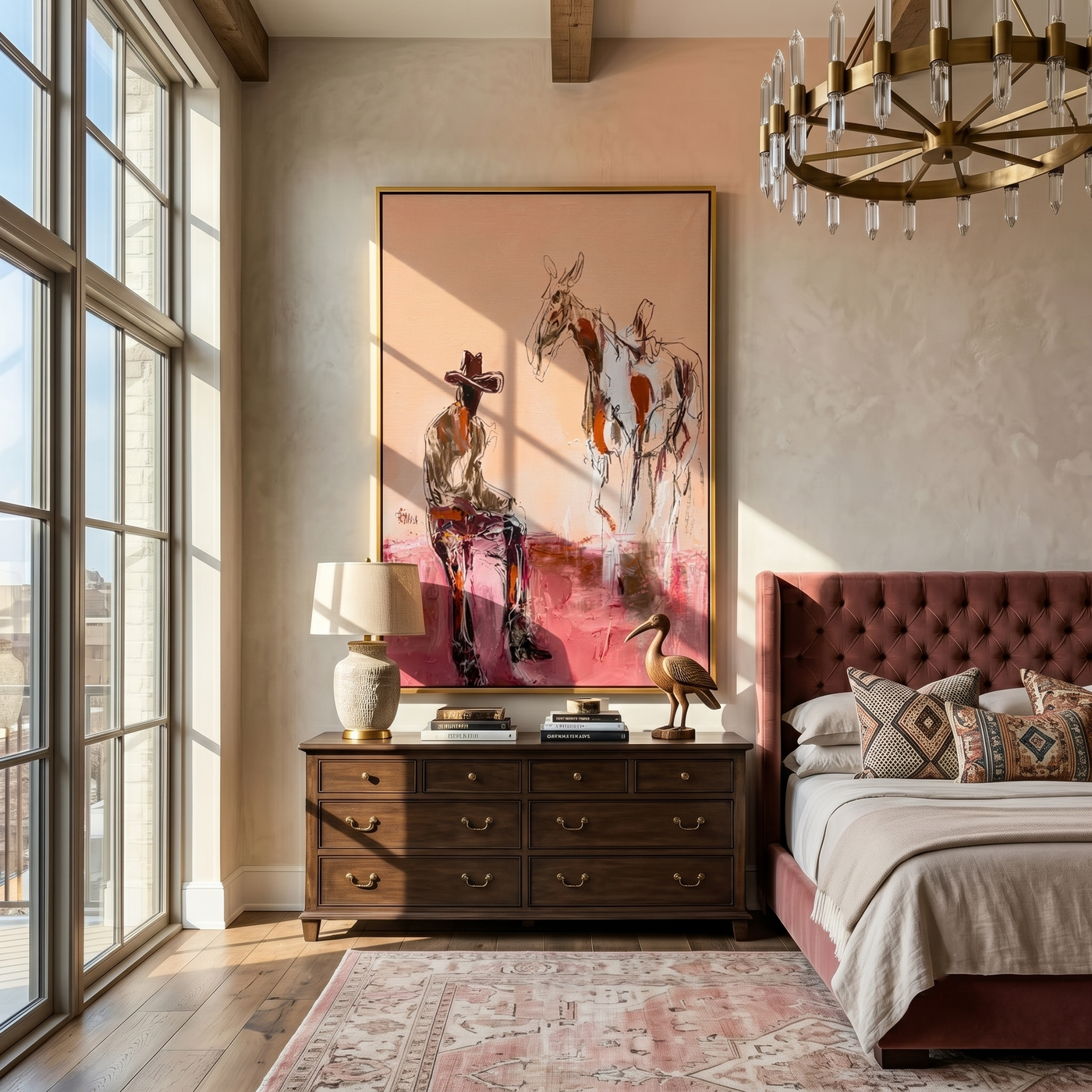 Horse Listens Above Pink — Cowboy with Two Horses Painting | Contemporary Western Vertical Wall Art – brown and red contemporary western western art, vertical hand-painted canvas art – view 4