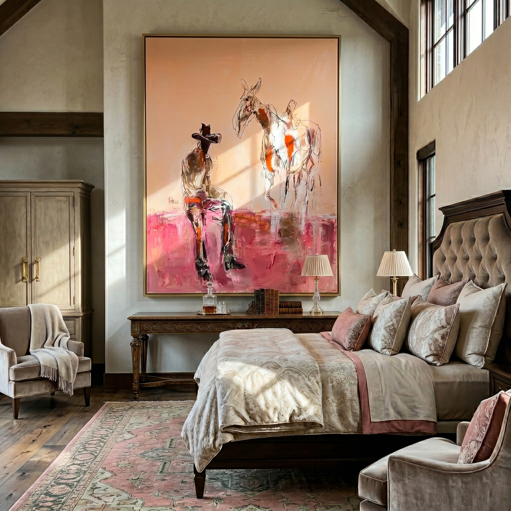 Horse Listens Above Pink — Cowboy with Two Horses Painting | Contemporary Western Vertical Wall Art – brown and red contemporary western western art, vertical hand-painted canvas art – view 5