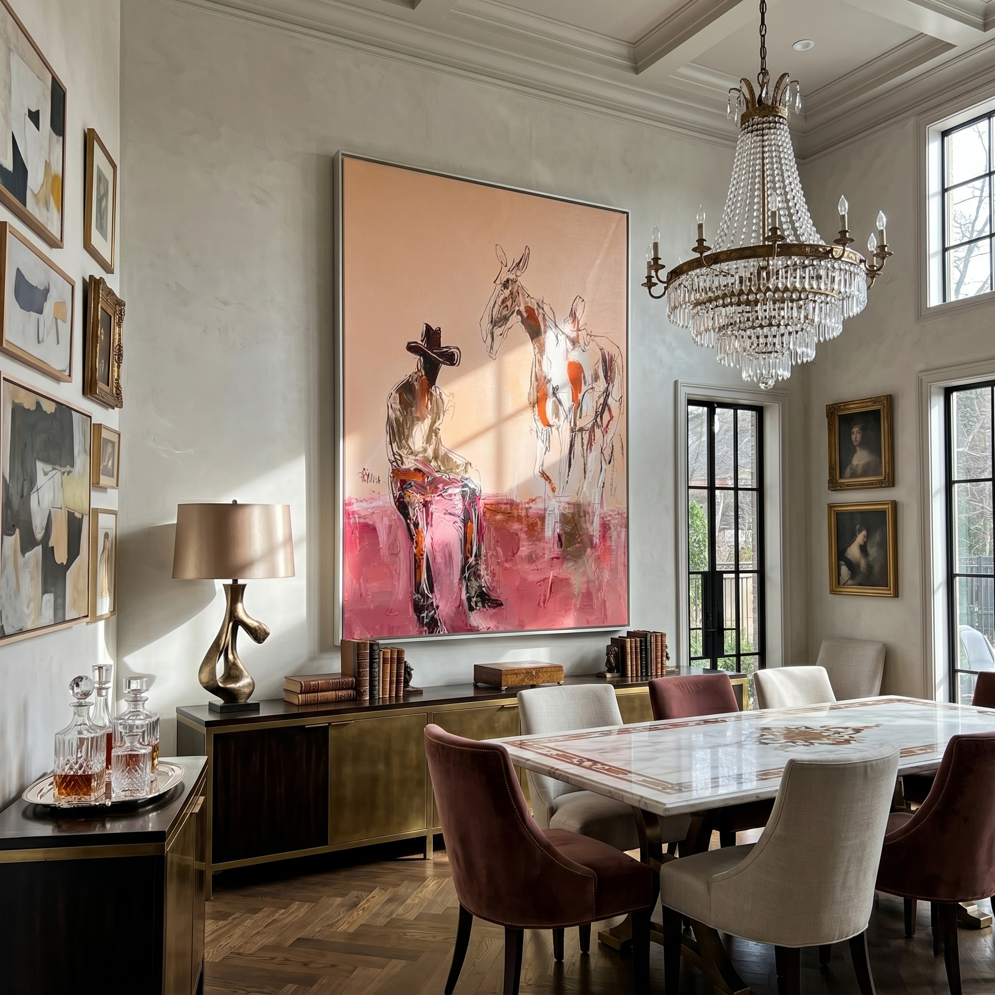 Horse Listens Above Pink — Cowboy with Two Horses Painting | Contemporary Western Vertical Wall Art – brown and red contemporary western western art, vertical hand-painted canvas art – view 6