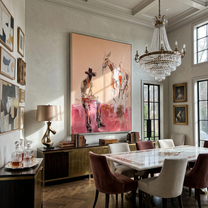 Horse Listens Above Pink — Cowboy with Two Horses Painting | Contemporary Western Vertical Wall Art – brown and red contemporary western western art, vertical hand-painted canvas art – view 6