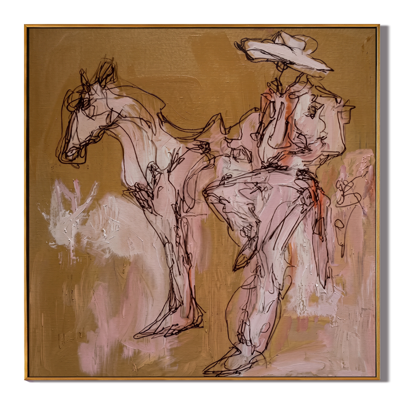 Rider Dissolves into Dust — Sketch Horseback Cowboy Painting | Contemporary Western Square Wall Art – brown and red contemporary western western art, square hand-painted canvas art – view 1