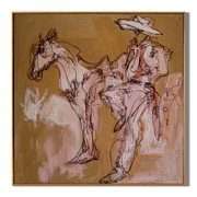 Rider Dissolves into Dust — Sketch Horseback Cowboy Painting | Contemporary Western Square Wall Art – brown and red contemporary western western art, square hand-painted canvas art – view 1