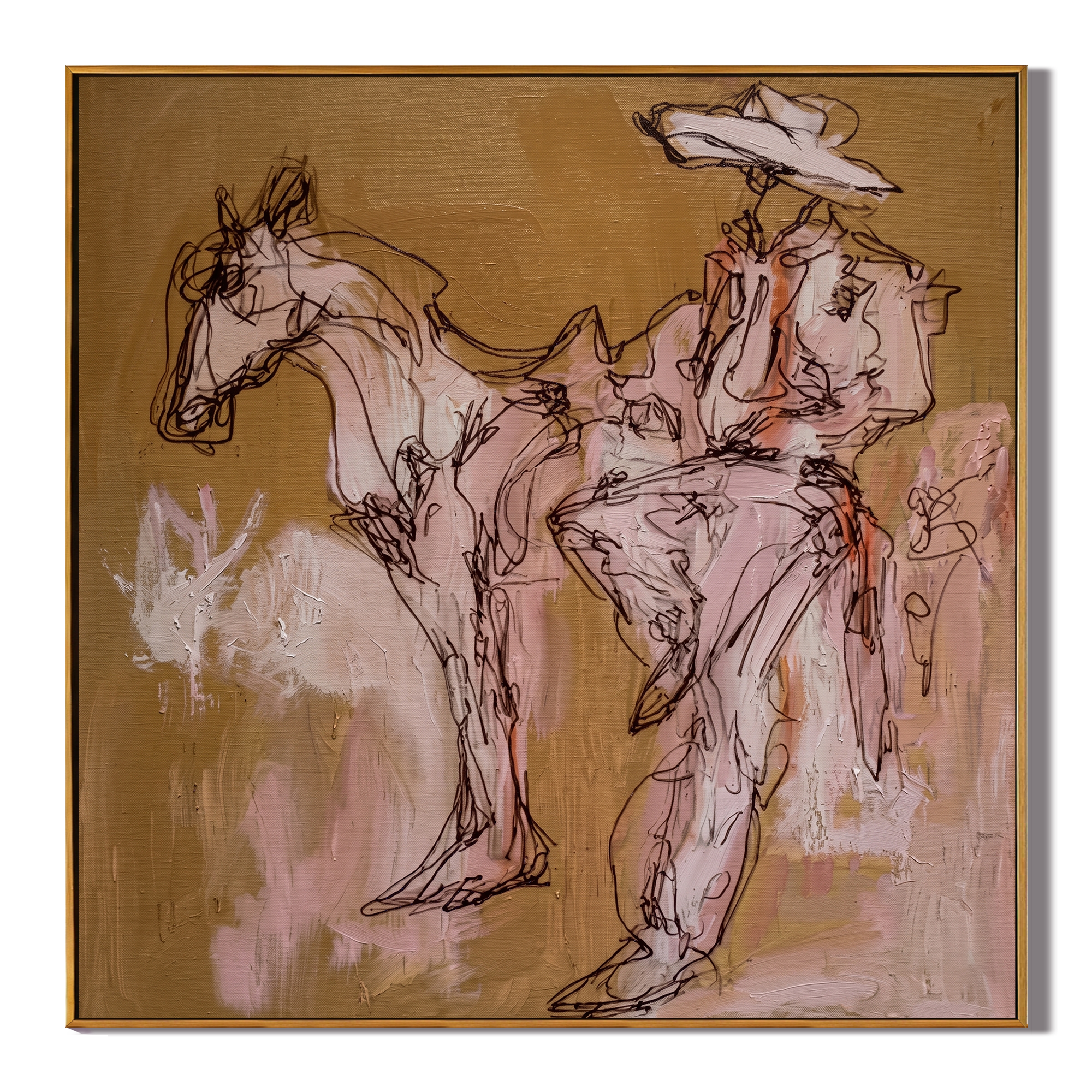 Rider Dissolves into Dust — Sketch Horseback Cowboy Painting | Contemporary Western Square Wall Art – brown and red contemporary western western art, square hand-painted canvas art – view 1