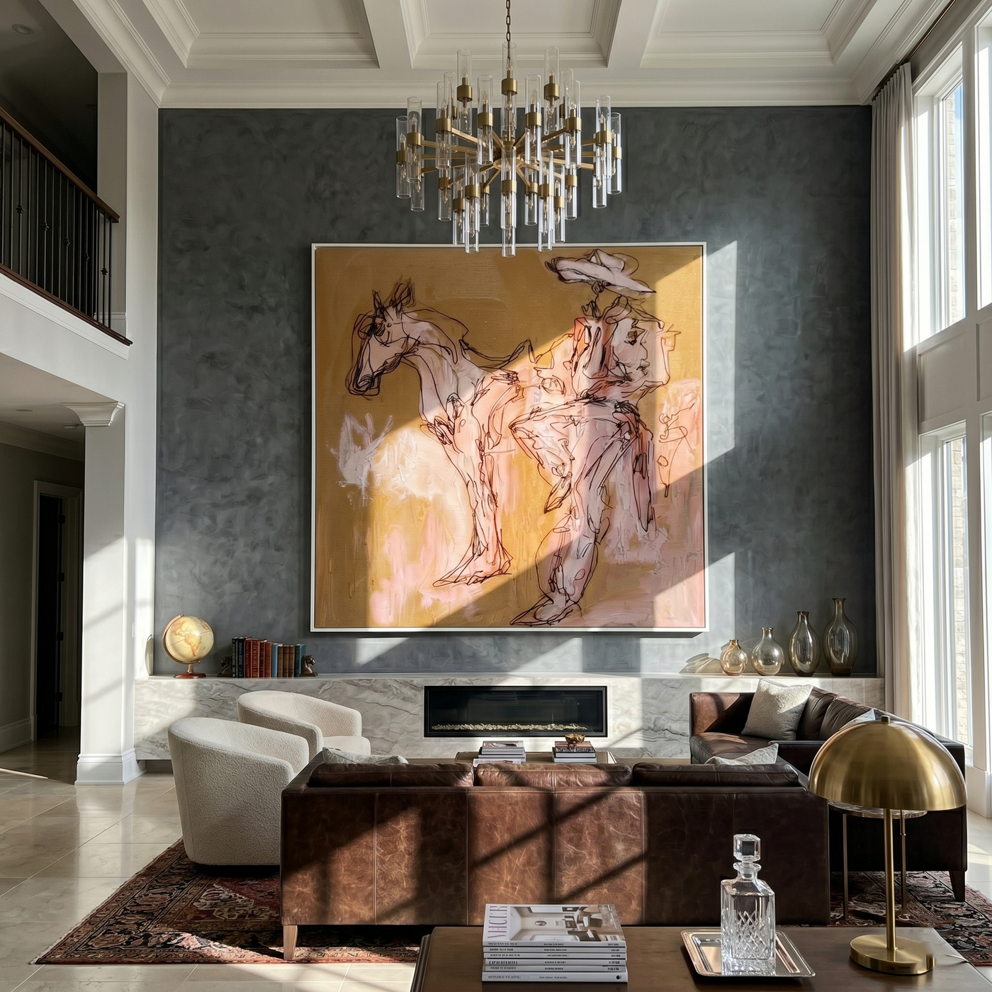 Rider Dissolves into Dust — Sketch Horseback Cowboy Painting | Contemporary Western Square Wall Art – brown and red contemporary western western art, square hand-painted canvas art – view 3