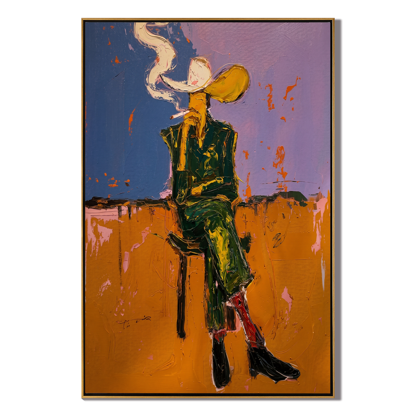 Smoke Curves Above Blue — Seated Smoking Cowboy Painting | Contemporary Western Vertical Wall Art – brown and blue contemporary western western art, vertical hand-painted canvas art – view 1