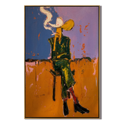 Smoke Curves Above Blue — Seated Smoking Cowboy Painting | Contemporary Western Vertical Wall Art – brown and blue contemporary western western art, vertical hand-painted canvas art – view 1