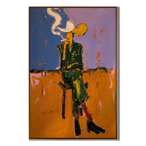 Smoke Curves Above Blue — Seated Smoking Cowboy Painting | Contemporary Western Vertical Wall Art – brown and blue contemporary western western art, vertical hand-painted canvas art – view 1