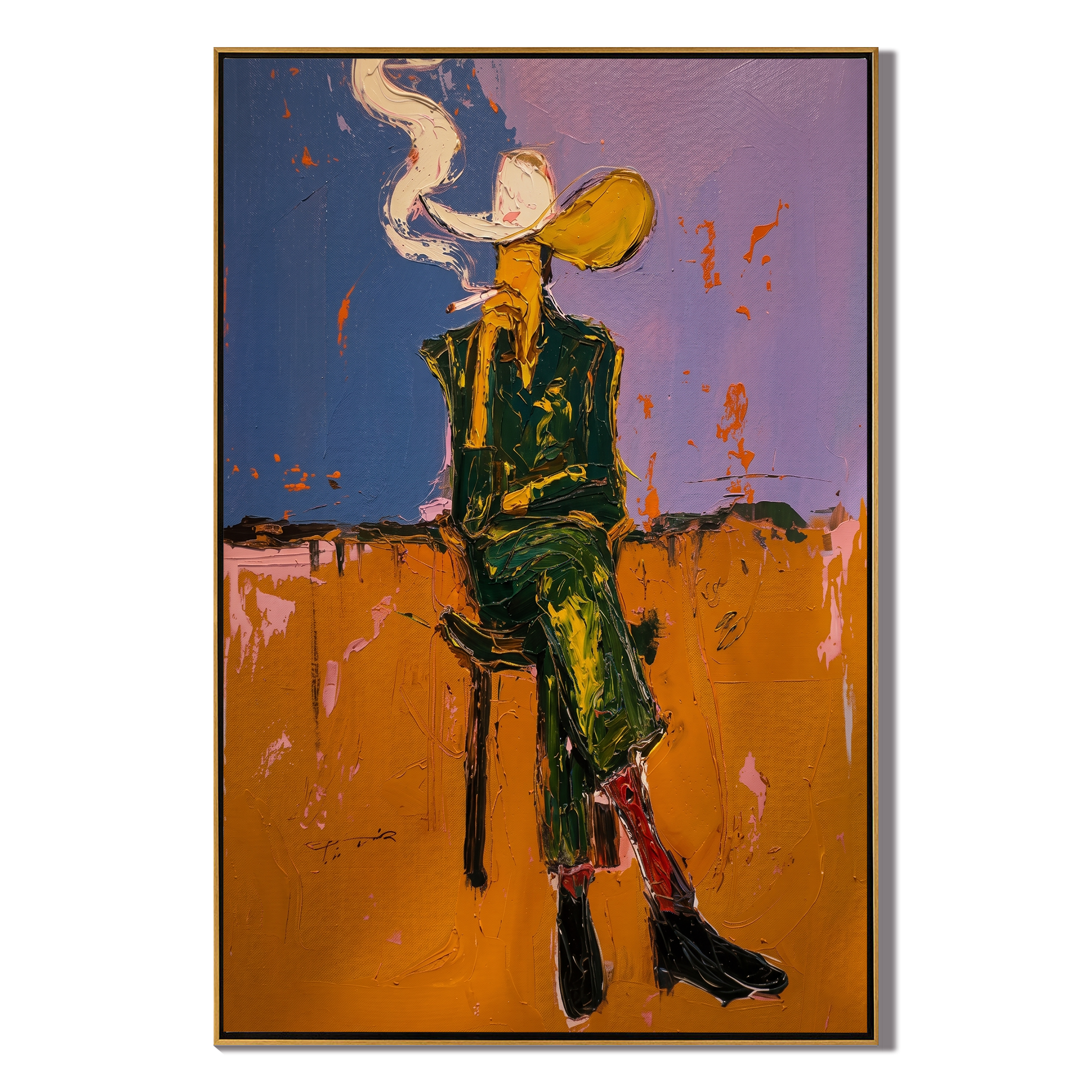 Smoke Curves Above Blue — Seated Smoking Cowboy Painting | Contemporary Western Vertical Wall Art – brown and blue contemporary western western art, vertical hand-painted canvas art – view 1