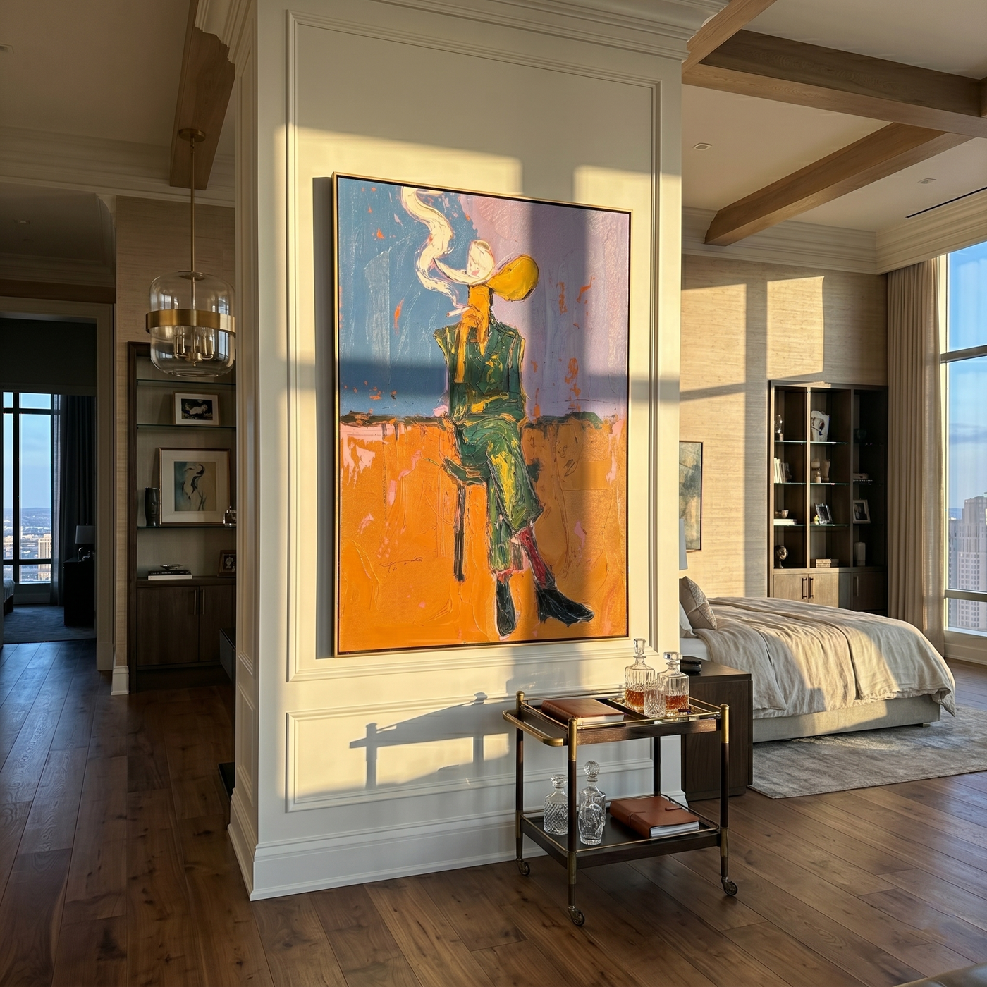 Smoke Curves Above Blue — Seated Smoking Cowboy Painting | Contemporary Western Vertical Wall Art – brown and blue contemporary western western art, vertical hand-painted canvas art – view 2